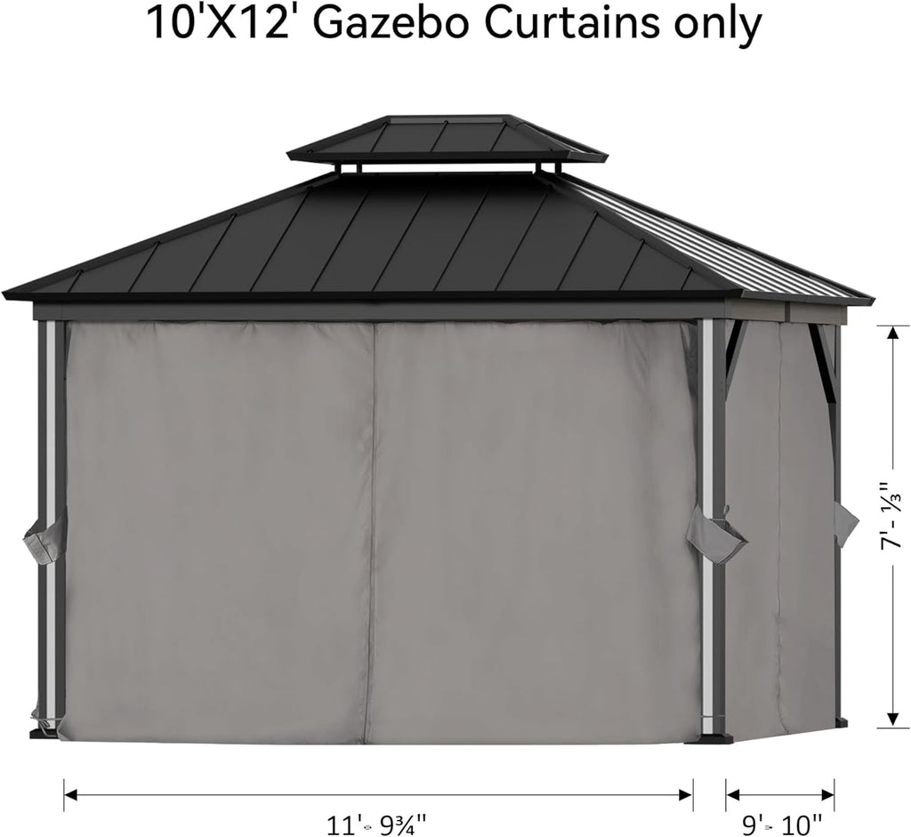 FONA Gazebo Curtain Replacement Universal 4-Panel Sidewalls 10' x 12', Outdoor Gazebo Privacy Curtains with Zipper, Replacement for Patio Canopy, Garden, Backyard, Grey