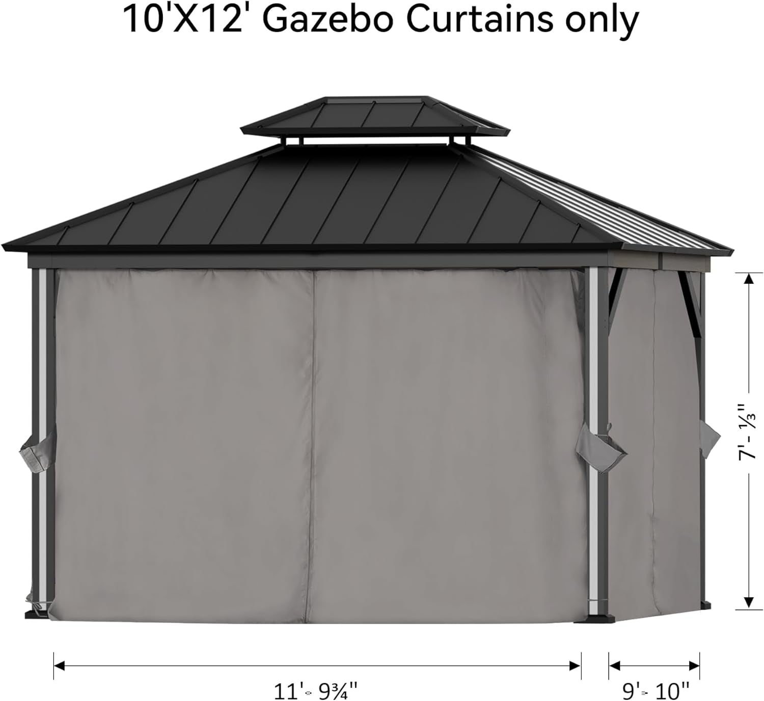 FONA Gazebo Curtain Replacement Universal 4-Panel Sidewalls 10' x 12', Outdoor Gazebo Privacy Curtains with Zipper, Replacement for Patio Canopy, Garden, Backyard, Grey