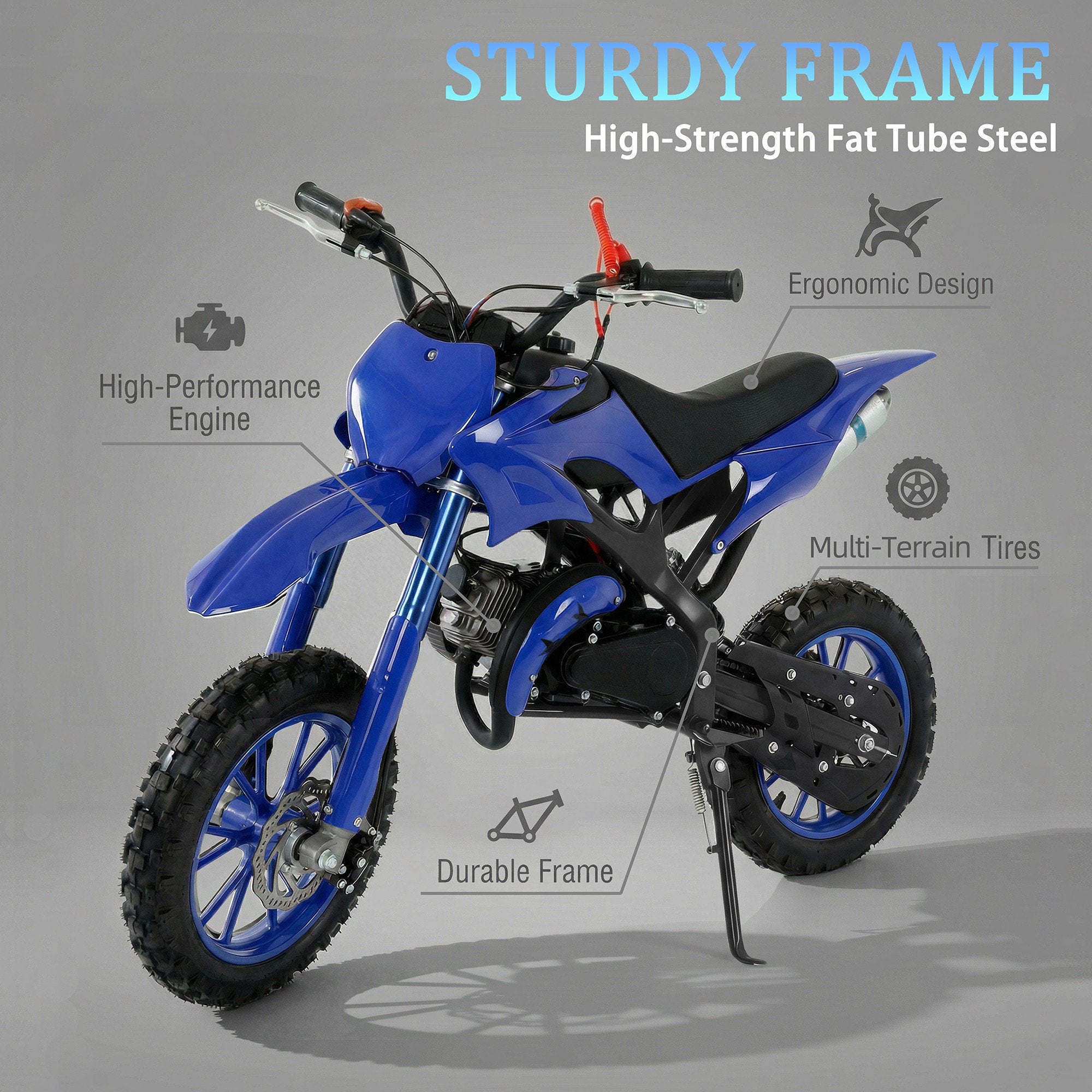 FONA 49cc 2-Stroke Dirt Bike for Kids 8-12, 25mph Mini Motorcycle with Dual Disc Brakes, Multi Terrain Tires, Suspension & Soft Seat Blue