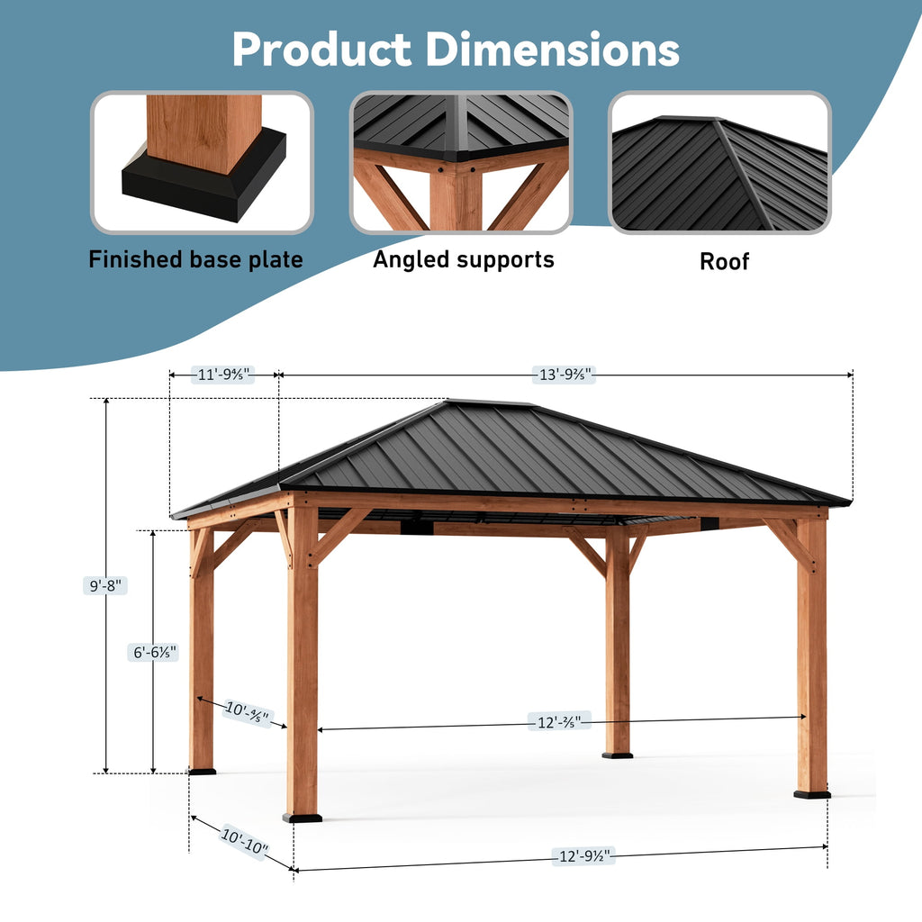 FONA 12'x14' Wood Gazebo,Permanent Hardtop Gazebo with Mosquito Net,with Galvanized Steel Roof Hardtop