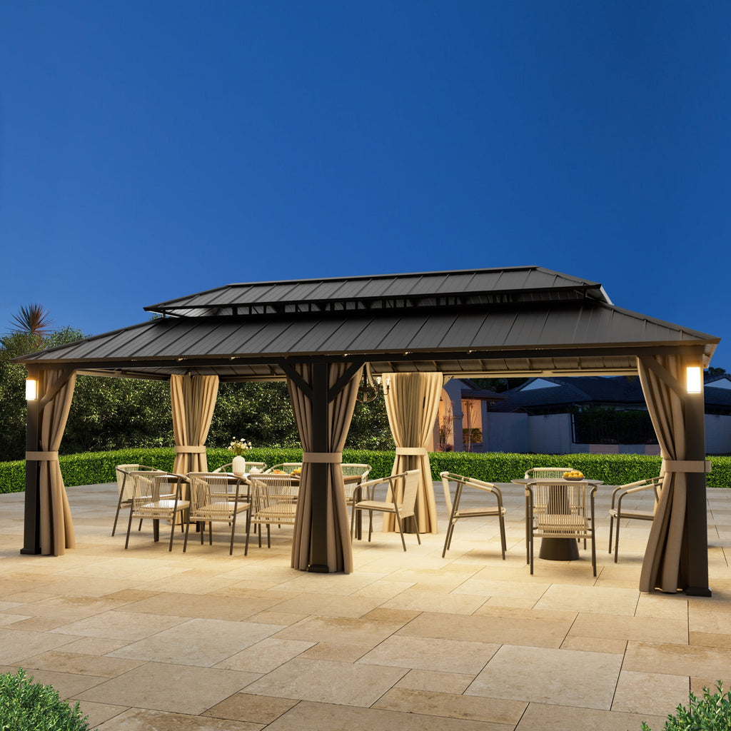 FONA The Horizon Permanent Hardtop Gazebo 12' x 24' with 4 LED Lights, Outdoor Gazebo with Galvanized Steel Double Roof, Patio Pavilion w/Decor Hooks, Mosquito Netting and Curtains, Black
