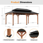 Modern Shade 12'x20'Outdoor Cedar Wood Hardtop Gazebo with Double Steel Roof, Mosquito Net Rods for Backyard Use
