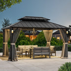 FONA 10'x14' Wood-Look Hardtop Gazebo with LED Lights,Double Roof,Netting & Hooks,Black