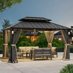 Modern Shade The Horizon Hardtop Gazebo - 10' x 14' Black Double Steel Roof with 4 Solar LED Lights