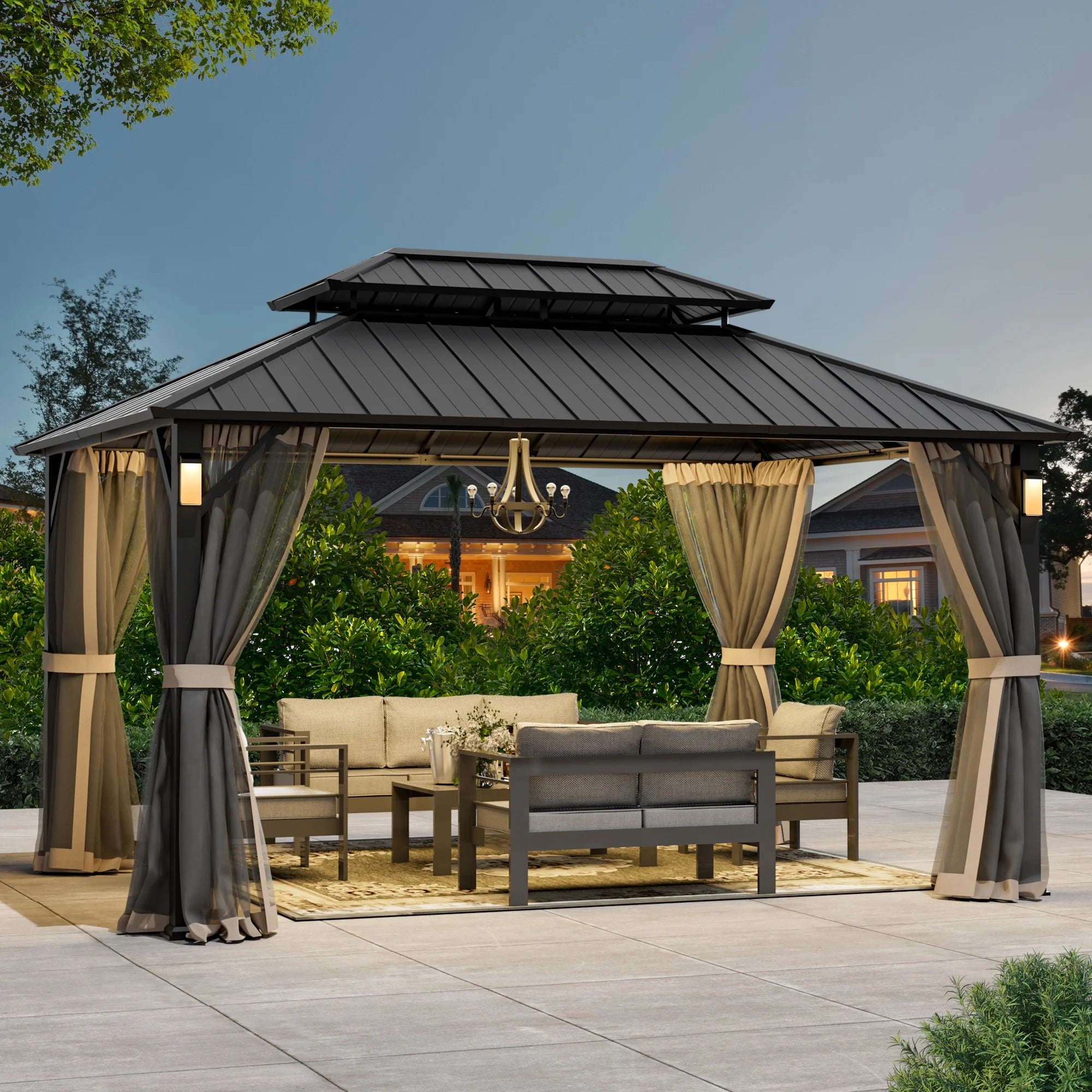 Modern Shade The Horizon Hardtop Gazebo - 10' x 14' Black Double Steel Roof with 4 Solar LED Lights