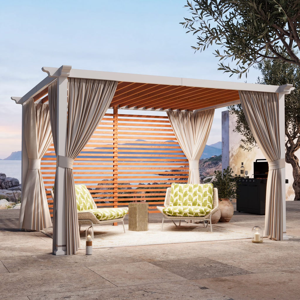 Modern Shade Open Sky 10'x12'Pergola Cabana, White Privacy Curtains & Wood-Grain Wall, Heavy-Duty Metal Gazebo for Patio & Poolside