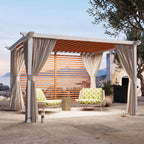 Modern Shade Open Sky 10'x12'Pergola Cabana, White Privacy Curtains & Wood-Grain Wall, Heavy-Duty Metal Gazebo for Patio & Poolside