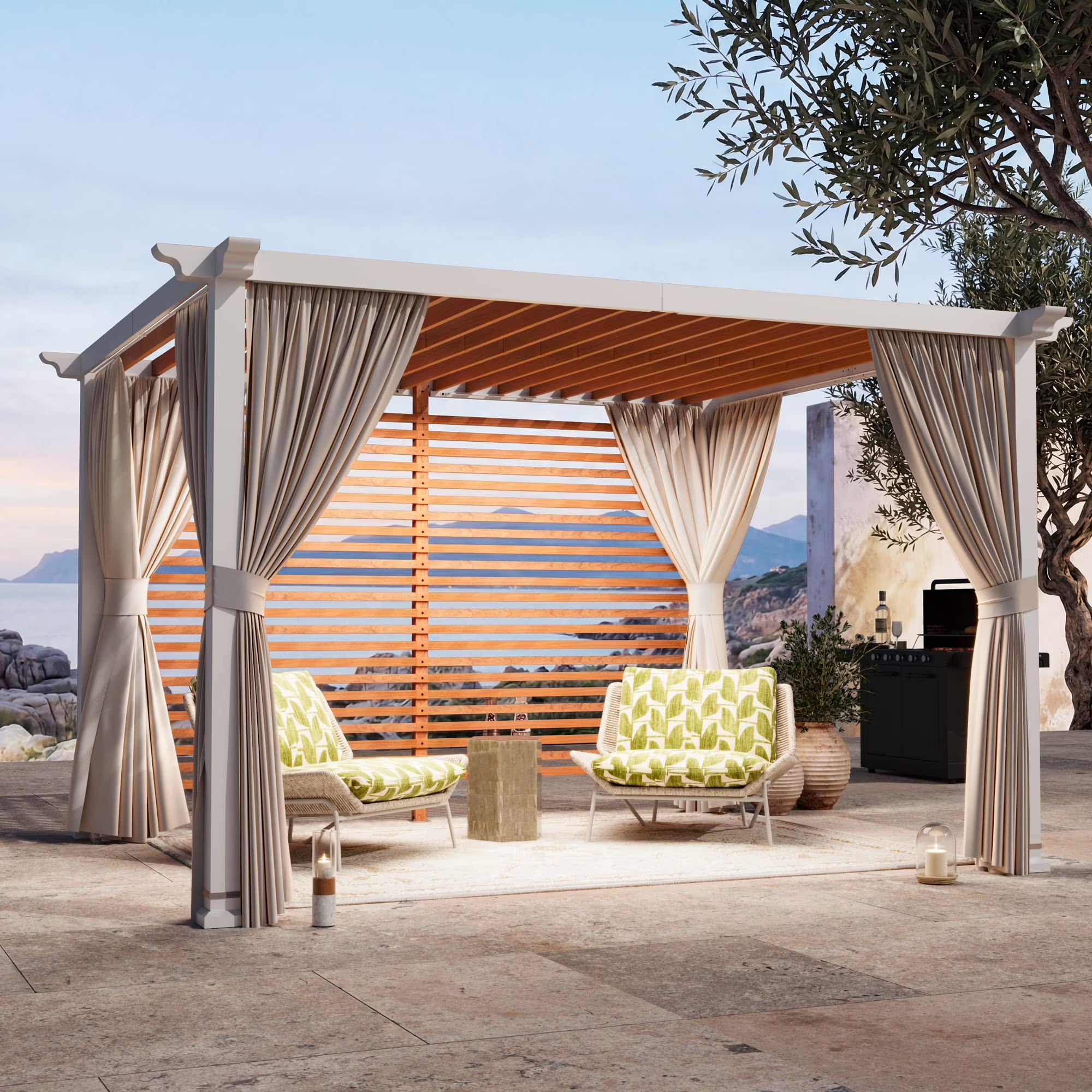 Modern Shade Open Sky 10'x12'Pergola Cabana, White Privacy Curtains & Wood-Grain Wall, Heavy-Duty Metal Gazebo for Patio & Poolside