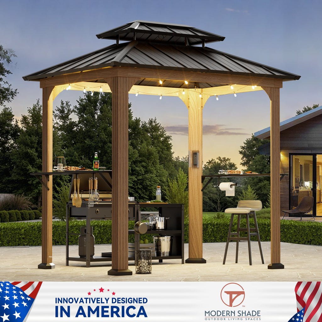 FONA Grill Gazebo 6' X 8', Permanent Aluminum BBQ Gazebos with Shelves and Paper Towel Holder, Grill Canopy with Galvanized Steel Roof, Grill Gazebo with Charging Ports, Wood-Looking