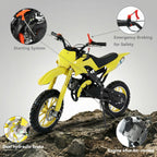 FONA 49cc 2-Stroke Dirt Bike for Kids 8-12, 25mph Mini Motorcycle with Dual Disc Brakes, Multi Terrain Tires, Suspension & Soft Seat Yellow