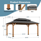 Modern Shade Hardtop Gazebo 12' x 16' with 4 LED Lights, Permanent Gazebo with Double Galvanized Steel Roof for Outdoor Backyard, Brown