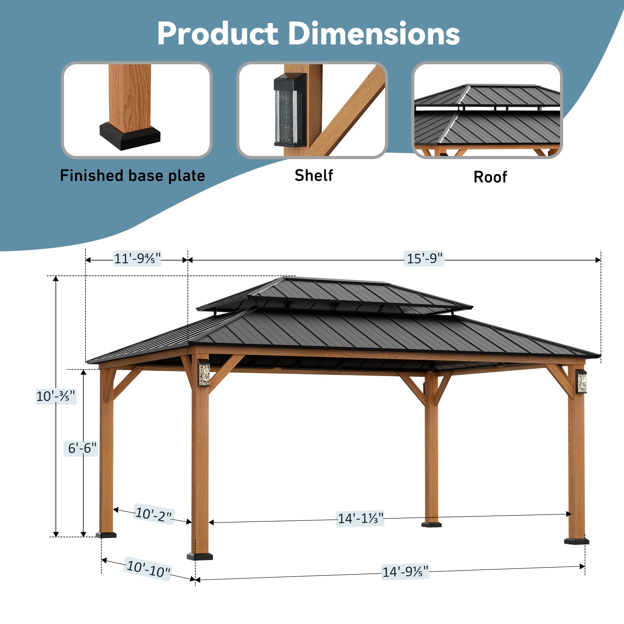 Modern Shade Hardtop Gazebo 12' x 16' with 4 LED Lights, Permanent Gazebo with Double Galvanized Steel Roof for Outdoor Backyard, Brown