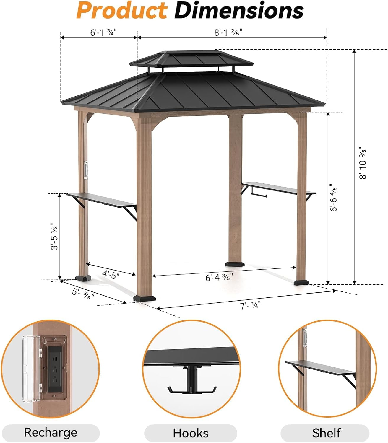 Modern Shade Grill Gazebo 6' x 8', Bbq Shelves and Paper Towel Holder, Grill Canopy with Galvanized Steel Roof, Grill Gazebo with Charging Ports Brown