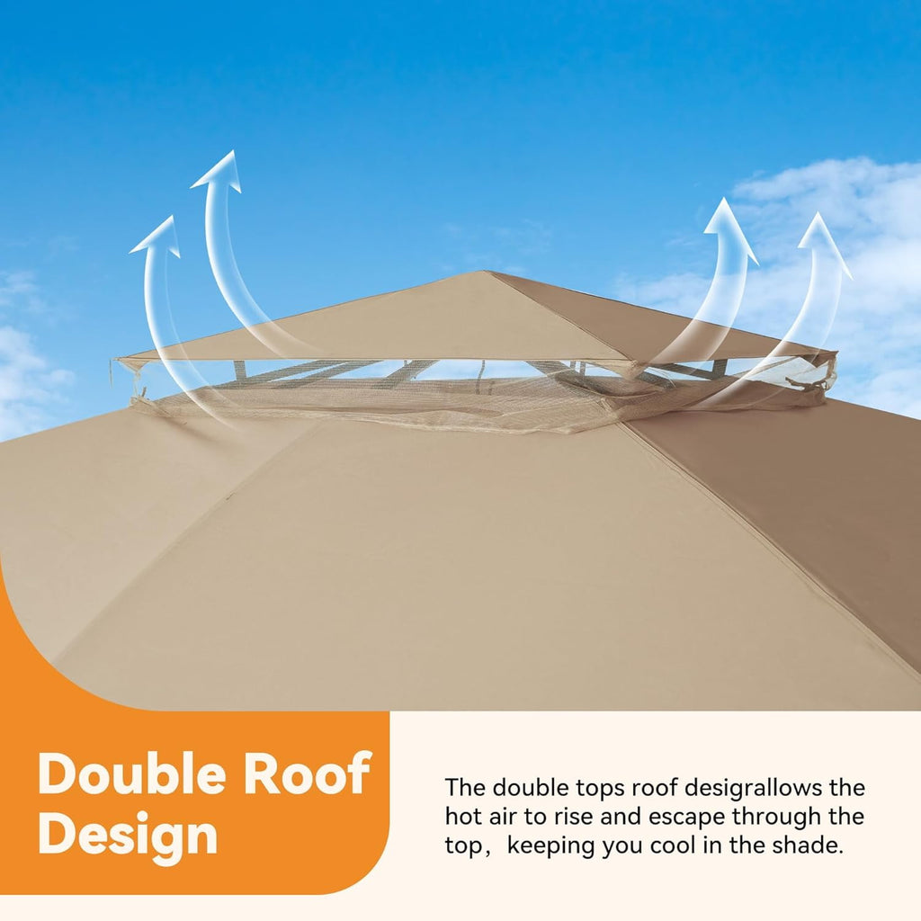 FONA Patio Gazebo 11'x13' with LED Lights & Bluetooth Speaker, Heavy Duty Outdoor Canopy Shelter with Metal Frame, Double Roofs, Soft-top Gazebo with Netting and Curtains for Backyard