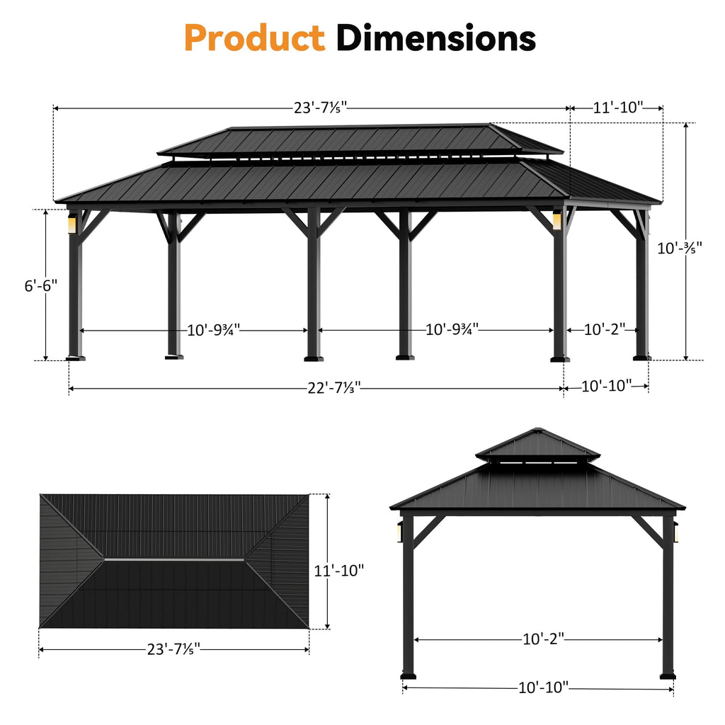 Modern Shade 12'x24' Steel Hardtop Gazebo with Galvanized Double Roof & 4 LEDs Weatherproof Pavilion with Mosquito Netting, Curtains Hooks Black