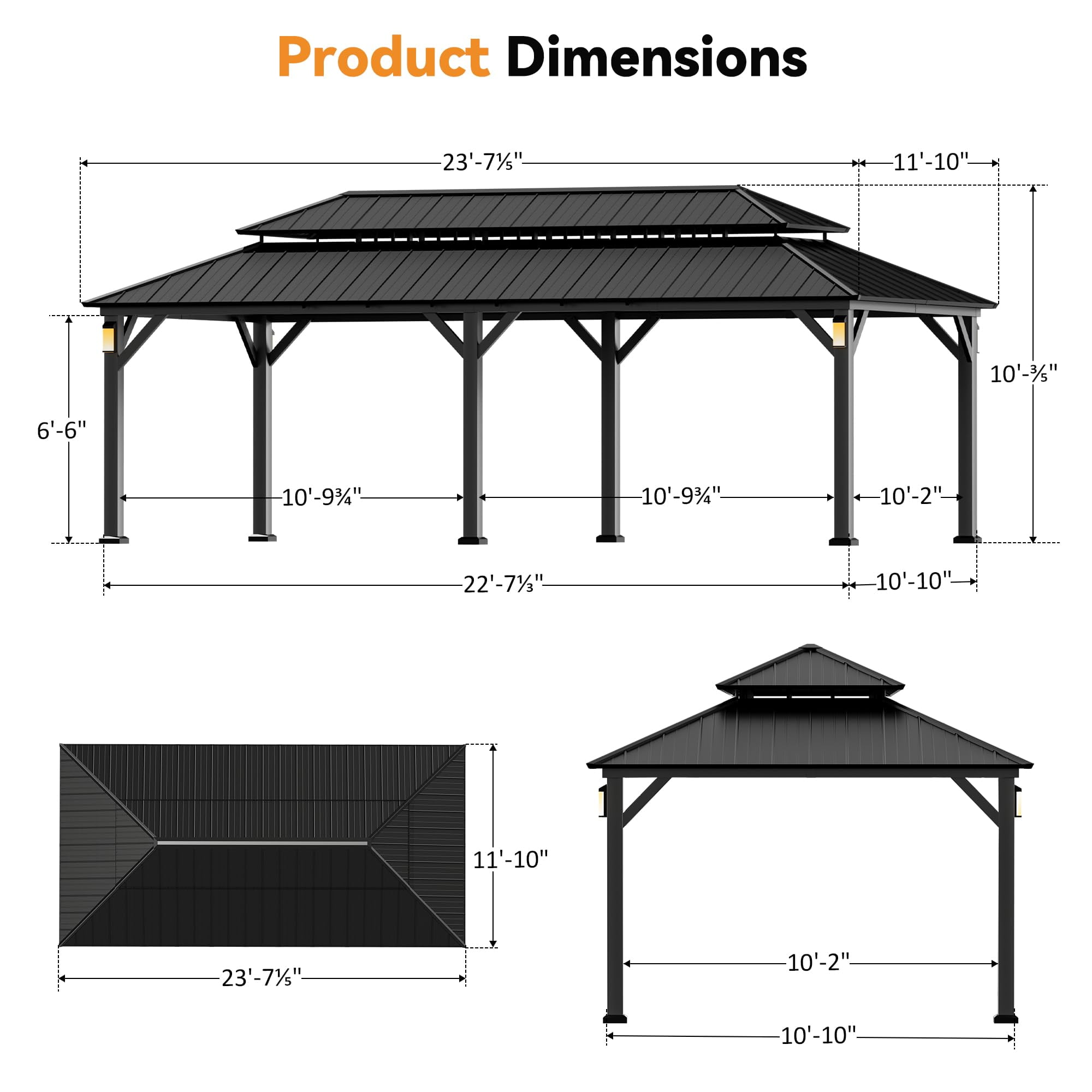 Modern Shade 12'x24' Steel Hardtop Gazebo with Galvanized Double Roof & 4 LEDs Weatherproof Pavilion with Mosquito Netting, Curtains Hooks Black