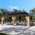 Modern Shade Hardtop Gazebo 12' x 24' with 4 LED Lights, Permanent Gazebo with Double Galvanized Steel Roof for Outdoor Backyard, Brown