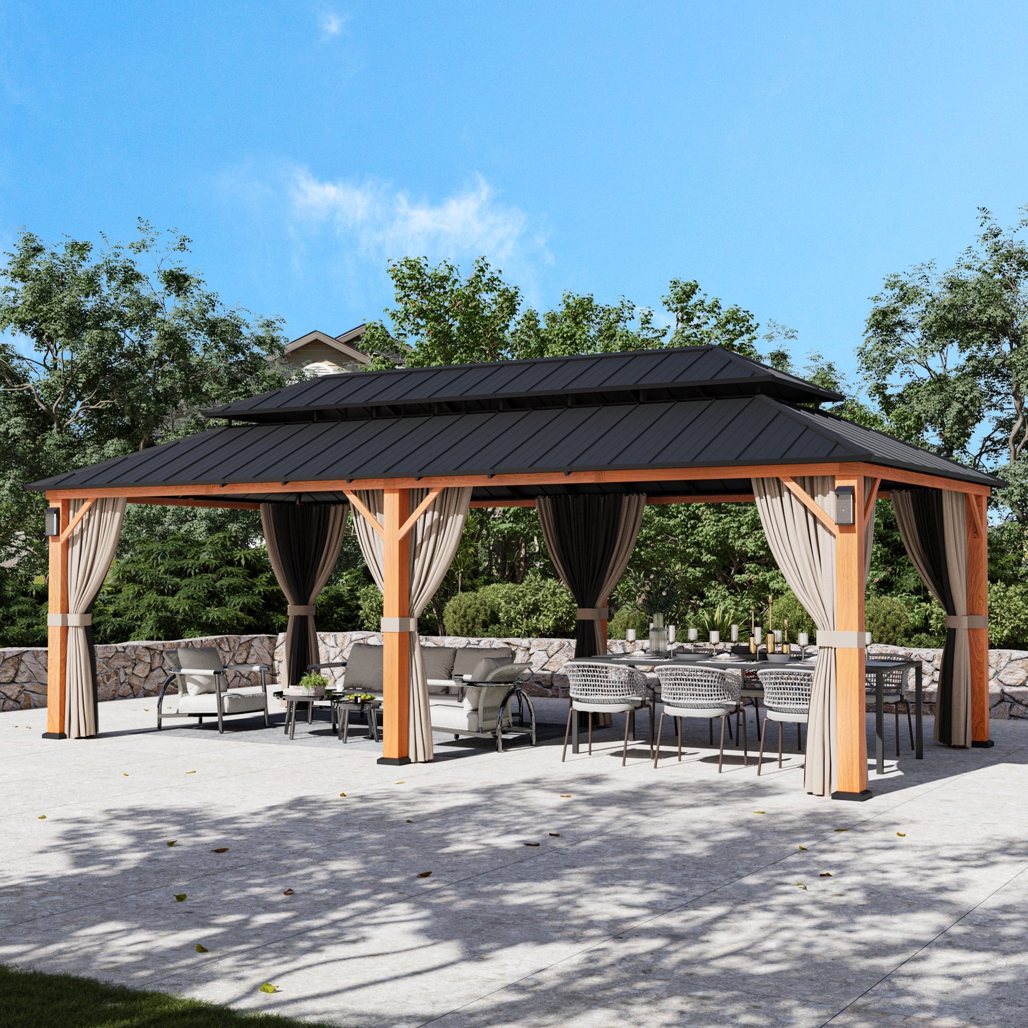 Modern Shade Hardtop Gazebo 12' x 24' with 4 LED Lights, Permanent Gazebo with Double Galvanized Steel Roof for Outdoor Backyard, Brown