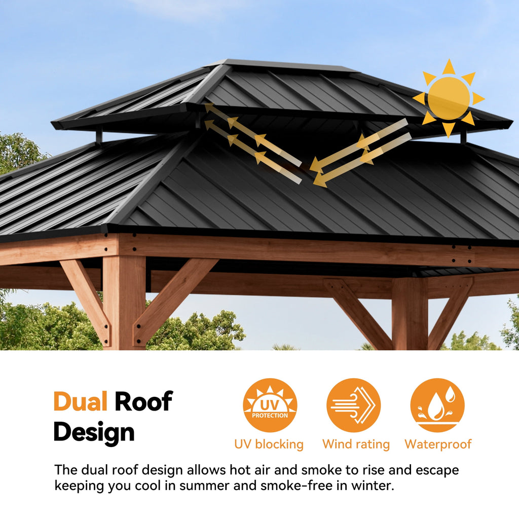 Modern Shade 11'x13'Outdoor Cedar Wood Hardtop Gazebo with Double Steel Roof, Hooks, for Backyard, Patio or Deck