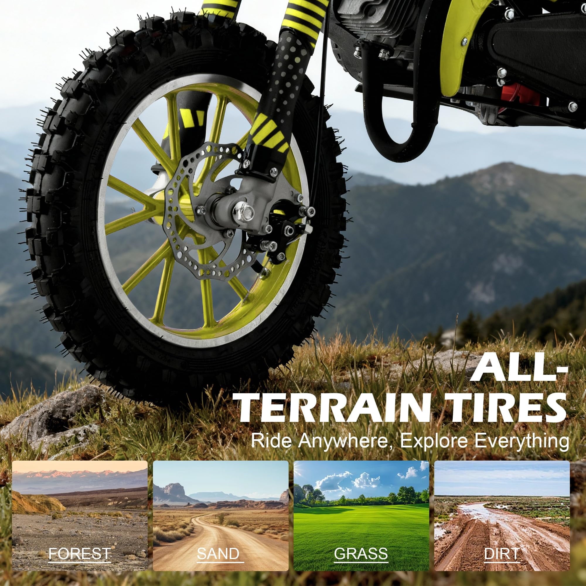 FONA 49cc 2-Stroke Dirt Bike for Kids 8-12, 25mph Mini Motorcycle with Dual Disc Brakes, Off-Road Tires, Suspension & Soft Seat Yellow