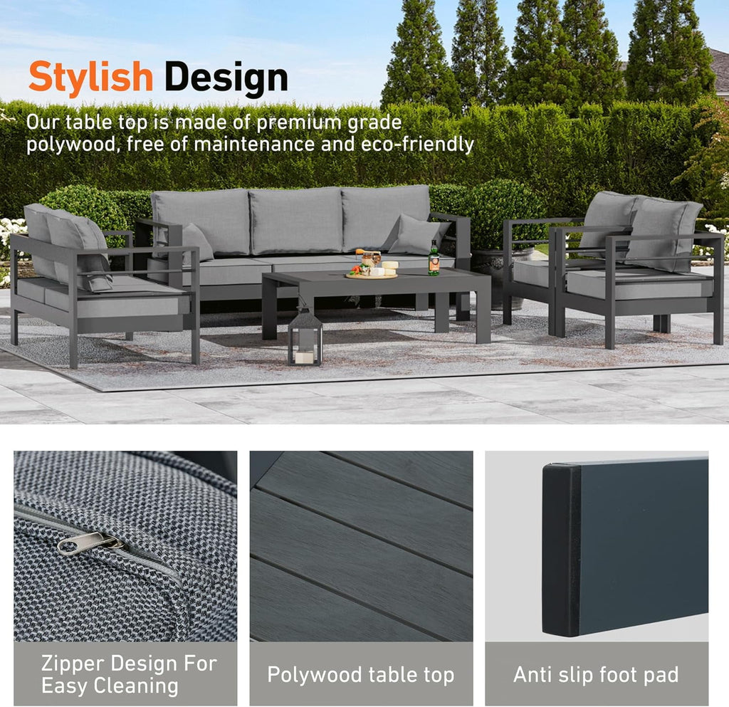 Modern Shade 7-Pc Aluminum Patio Sectional Set w/Tempered Glass Table - Weatherproof Outdoor Sofa for Garden, Balcony, Porch