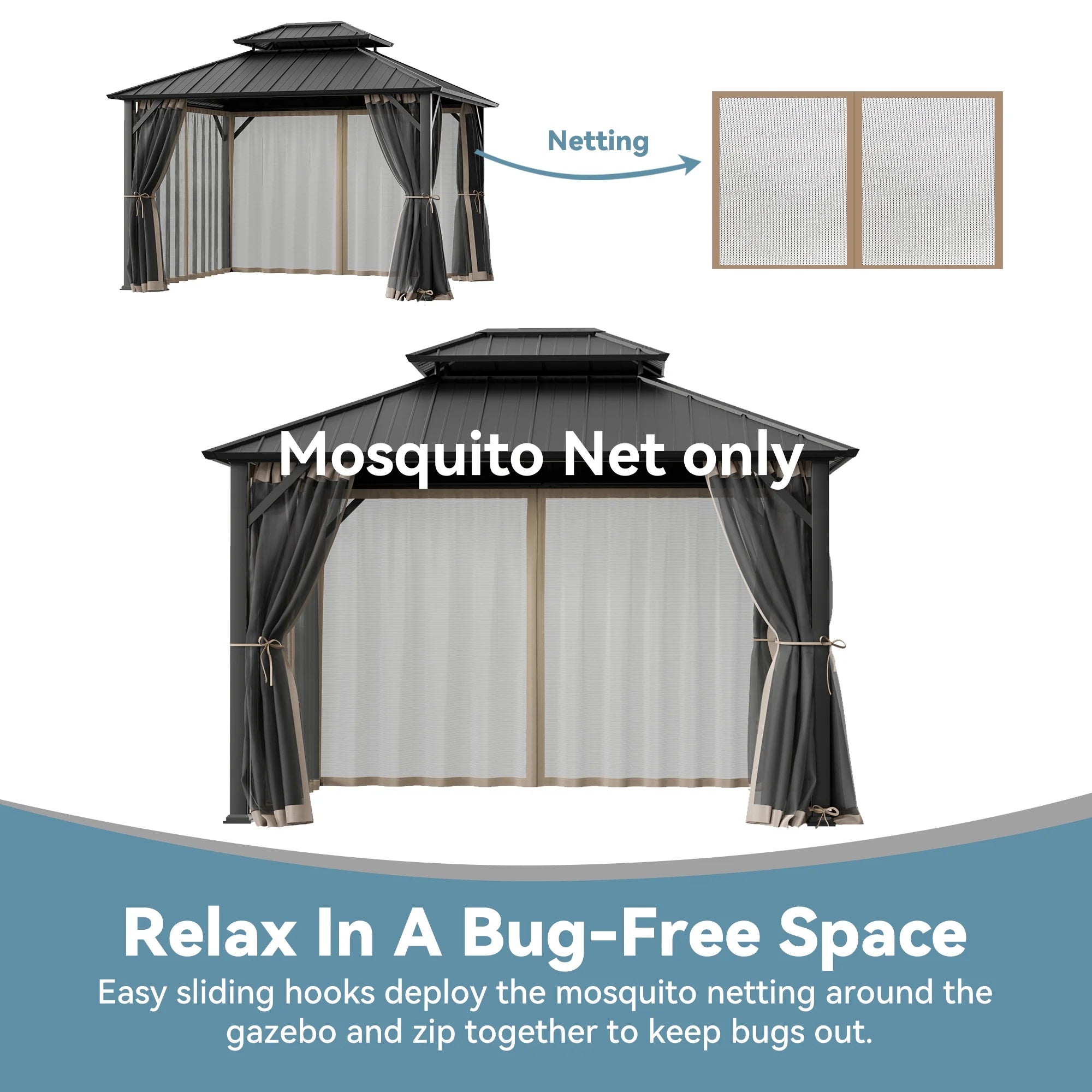 Covered Outdoor Universal 10'x10' Gazebo Mosquito Netting - 4-Panel Double-Zipper Sidewalls