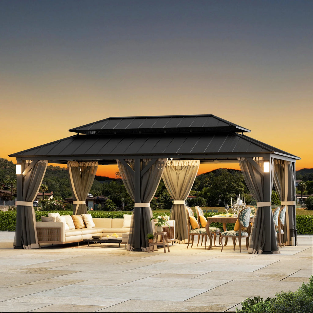 Modern Shade Hardtop Gazebo 12' x 20' with 4 LED Lights, Permanent Gazebo with Double Galvanized Steel Roof for Outdoor Backyard, Black