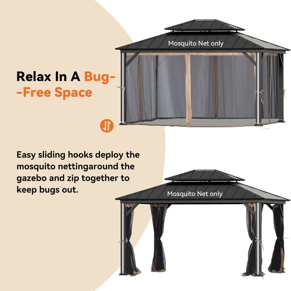 Covered Outdoor Gazebo Mosquito Netting Replacement Universal 4-Panel Sidewalls 12' x 14', Outdoor Gazebo Mosquito Nettings with Double Zipper (Mosquito Net Only)