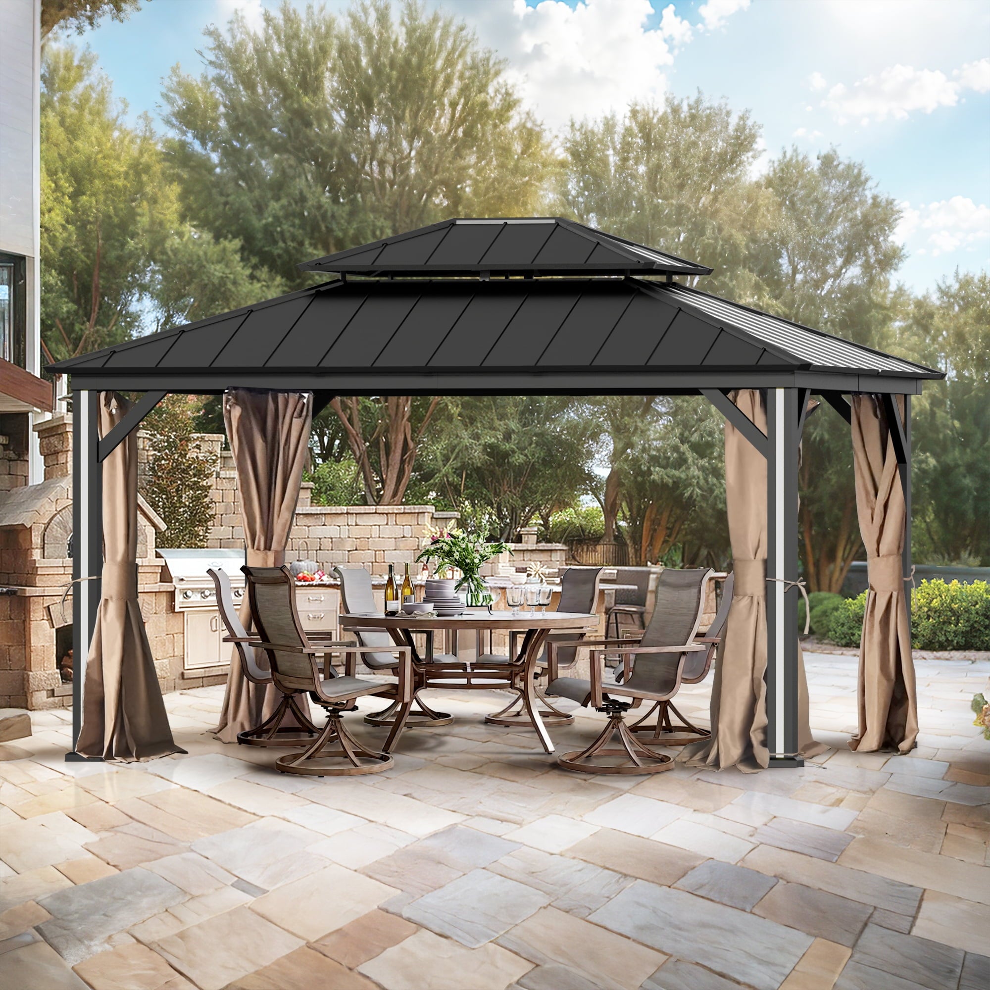 FONA Gazebo Curtain Replacement Universal 4-Panel Sidewalls 12' x 14', Outdoor Gazebo Privacy Curtains with Zipper (Curtain Only)