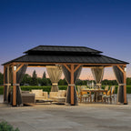 Modern Shade Hardtop Gazebo 12' x 20' with 4 LED Lights, Permanent Gazebo with Double Galvanized Steel Roof for Outdoor Backyard, Brown