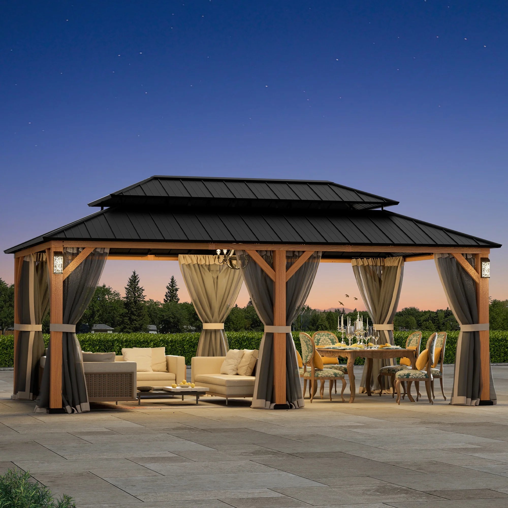 Modern Shade Hardtop Gazebo 12' x 20' with 4 LED Lights, Permanent Gazebo with Double Galvanized Steel Roof for Outdoor Backyard, Brown
