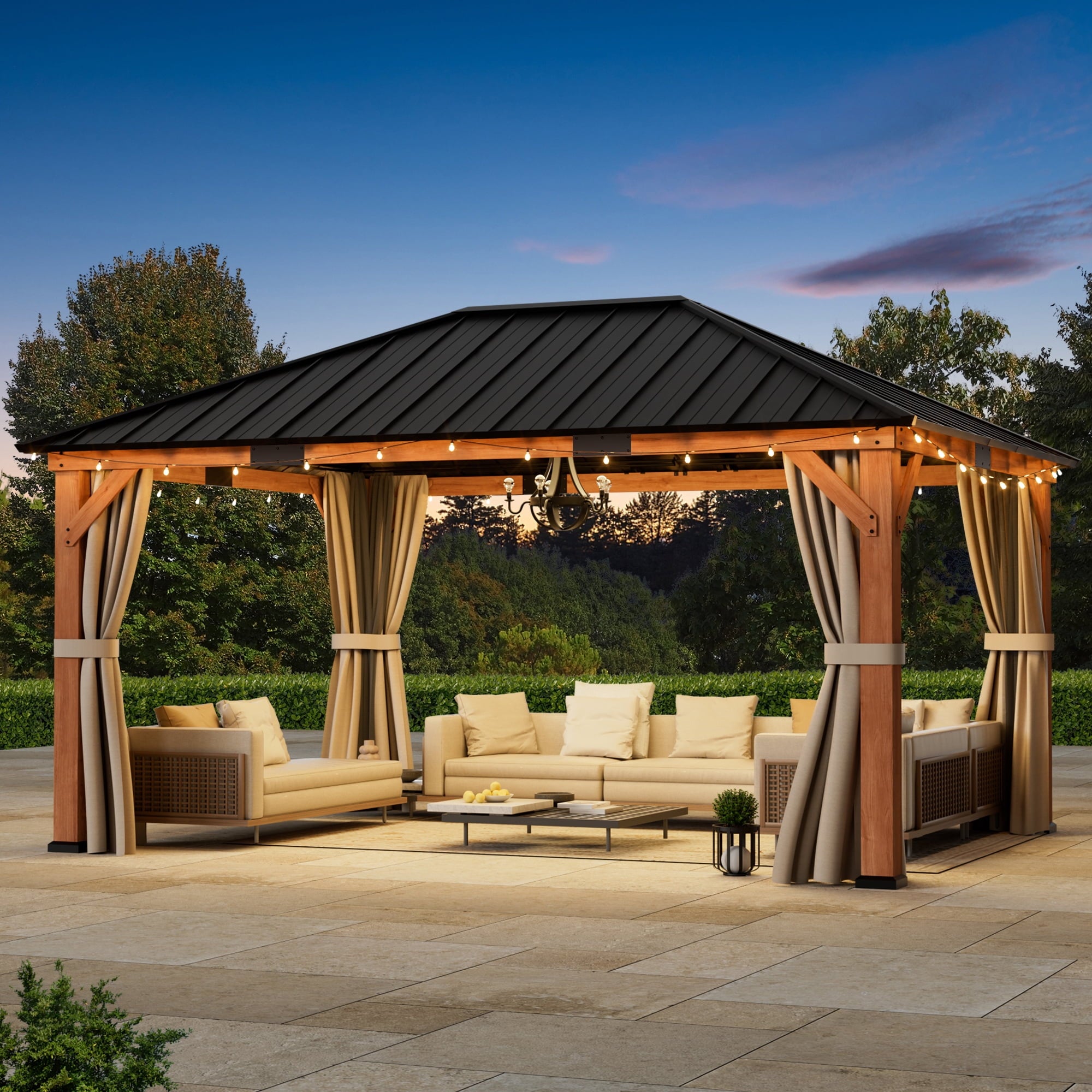 FONA 12'x16' Wood Gazebo,Permanent Hardtop Gazebo with Mosquito Net,with Galvanized Steel Roof Hardtop