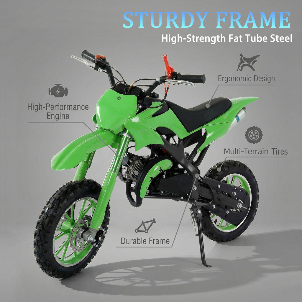 FONA 49cc 2-Stroke Dirt Bike for Kids 8-12, 25mph Mini Motorcycle with Dual Disc Brakes, Multi Terrain Tires, Suspension & Soft Seat Green
