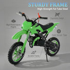 FONA 49cc 2-Stroke Dirt Bike for Kids 8-12, 25mph Mini Motorcycle with Dual Disc Brakes, Multi Terrain Tires, Suspension & Soft Seat Green