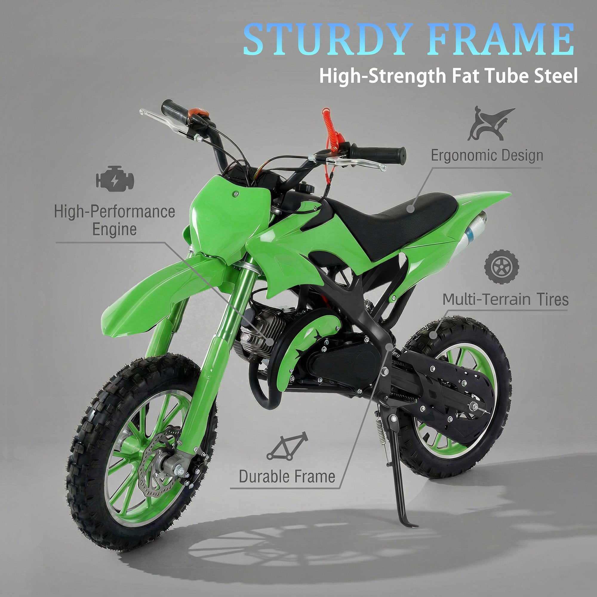 FONA 49cc 2-Stroke Dirt Bike for Kids 8-12, 25mph Mini Motorcycle with Dual Disc Brakes, Multi Terrain Tires, Suspension & Soft Seat Green