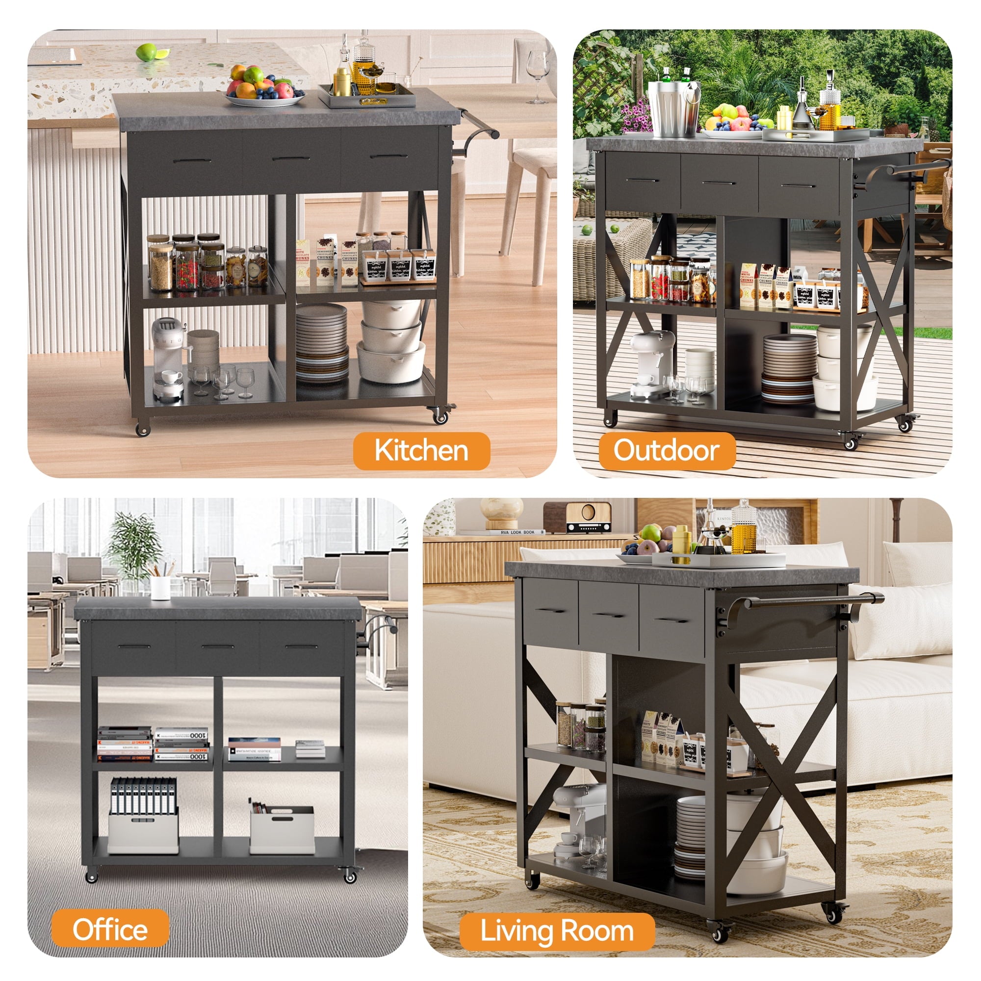 Modern Shade Outdoor Grill Cart with Marble Countertop & Drawers, 39"W BBQ Table with Locking Casters