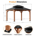 Modern Shade 11'x13'Outdoor Cedar Wood Hardtop Gazebo with Double Steel Roof, Mosquito Net Rods for Backyard Use