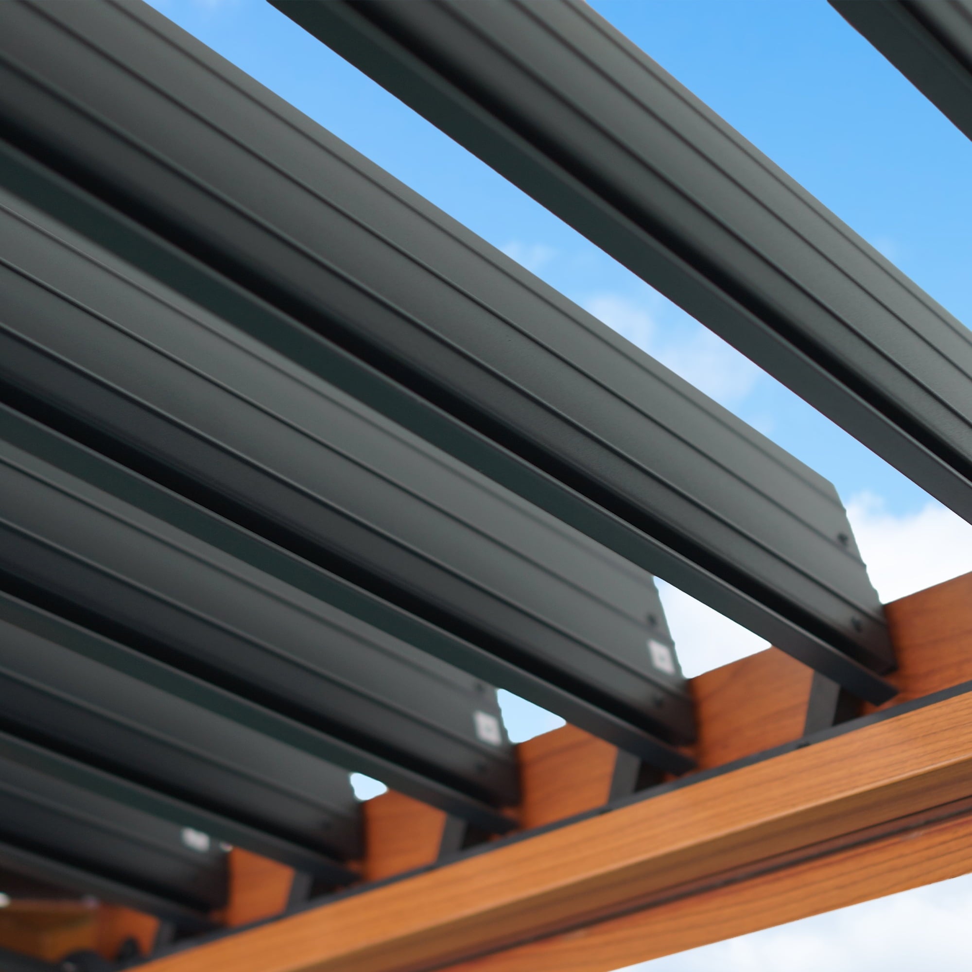 Modern Shade Aurora 10’x20‘ Louvered Pergola with USB Port, Netting Curtains, Drainage System, Steel Frame & Easy Assembly - Wood Grain Design