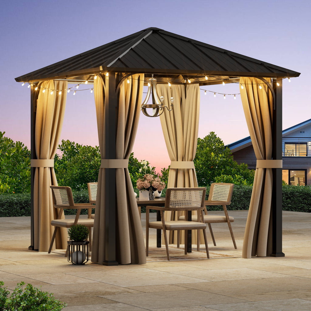 FONA 8'x8' Hardtop Gazebo with Steel Roof & Curtains,All-Weather Metal Pavilion for Patio,Backyard