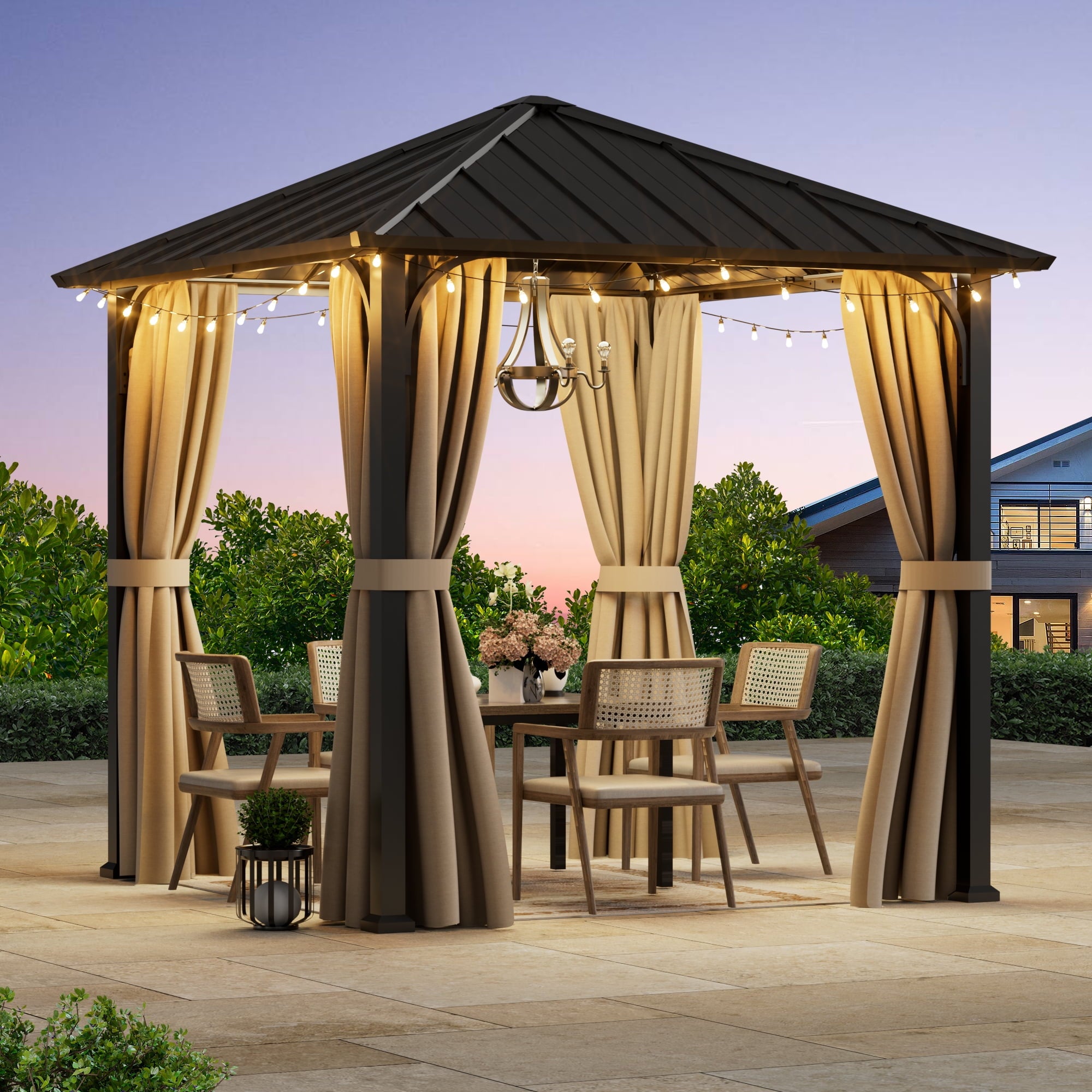 FONA 8'x8' Hardtop Gazebo with Steel Roof & Curtains,All-Weather Metal Pavilion for Patio,Backyard