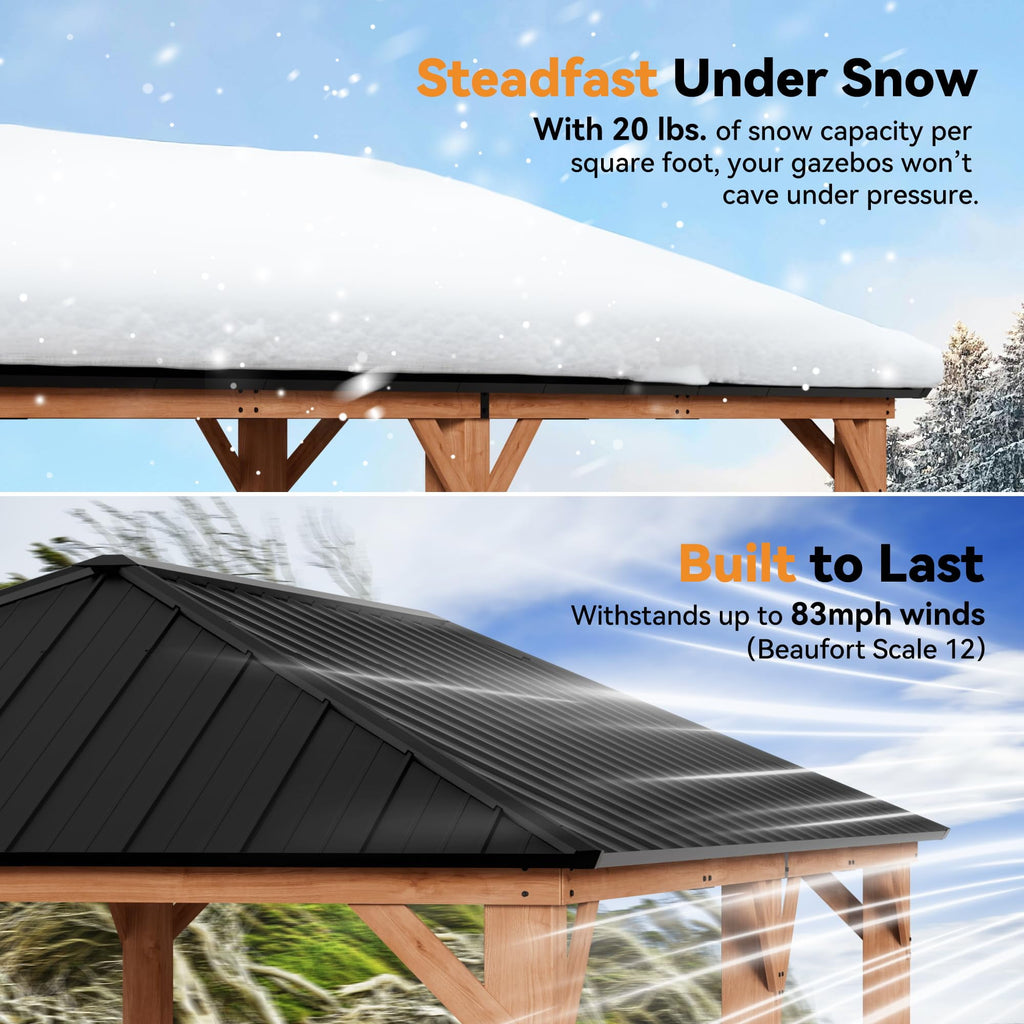 Modern Shade 12’x24‘ Cedar Grill Gazebo with Steel Hardtop Roof for Backyard & Garden Brown