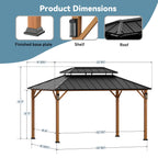 FONA 10'x14' Wood-Look Hardtop Gazebo with LED Lights,Double Roof,Netting & Hooks