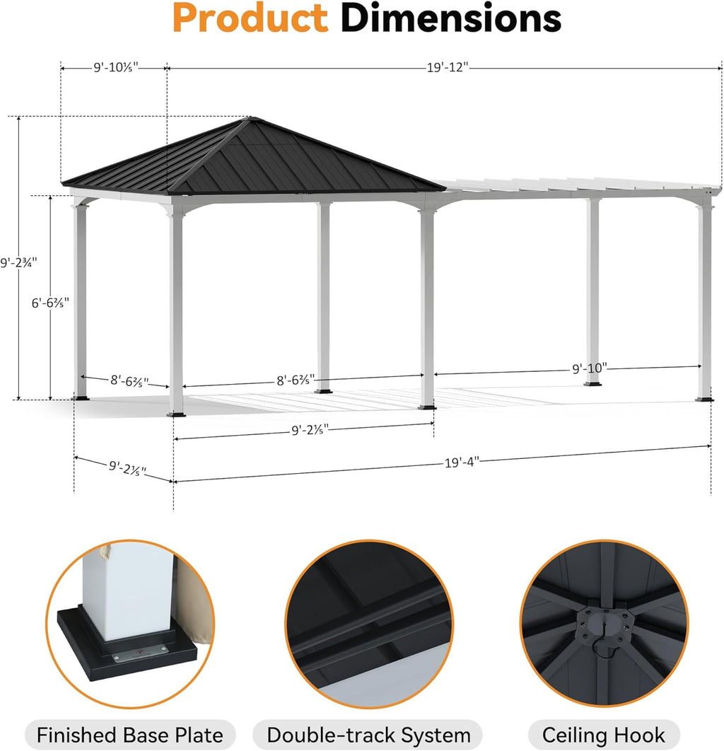 ModernShade 10'x20' Pergola Hybrid Gazebo with Adjustable Shade Fabric,Hardtop Roof,Privacy Curtains,Black and White