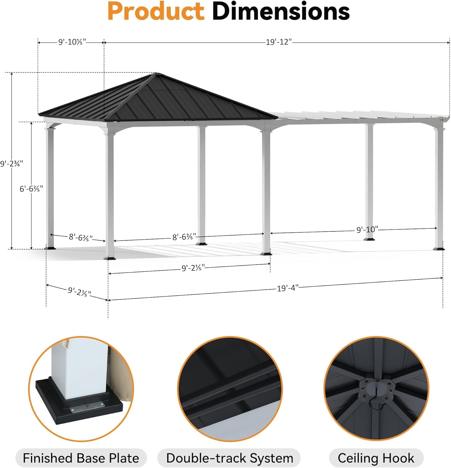 ModernShade 10'x20' Pergola Hybrid Gazebo with Adjustable Shade Fabric,Hardtop Roof,Privacy Curtains,Black and White