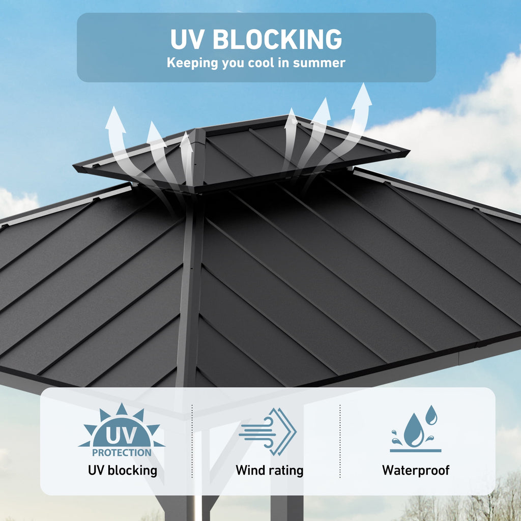 FONA 12'x14' Aluminum Hardtop Gazebo with LED Lights,Netting,Curtains & USB Port,Black