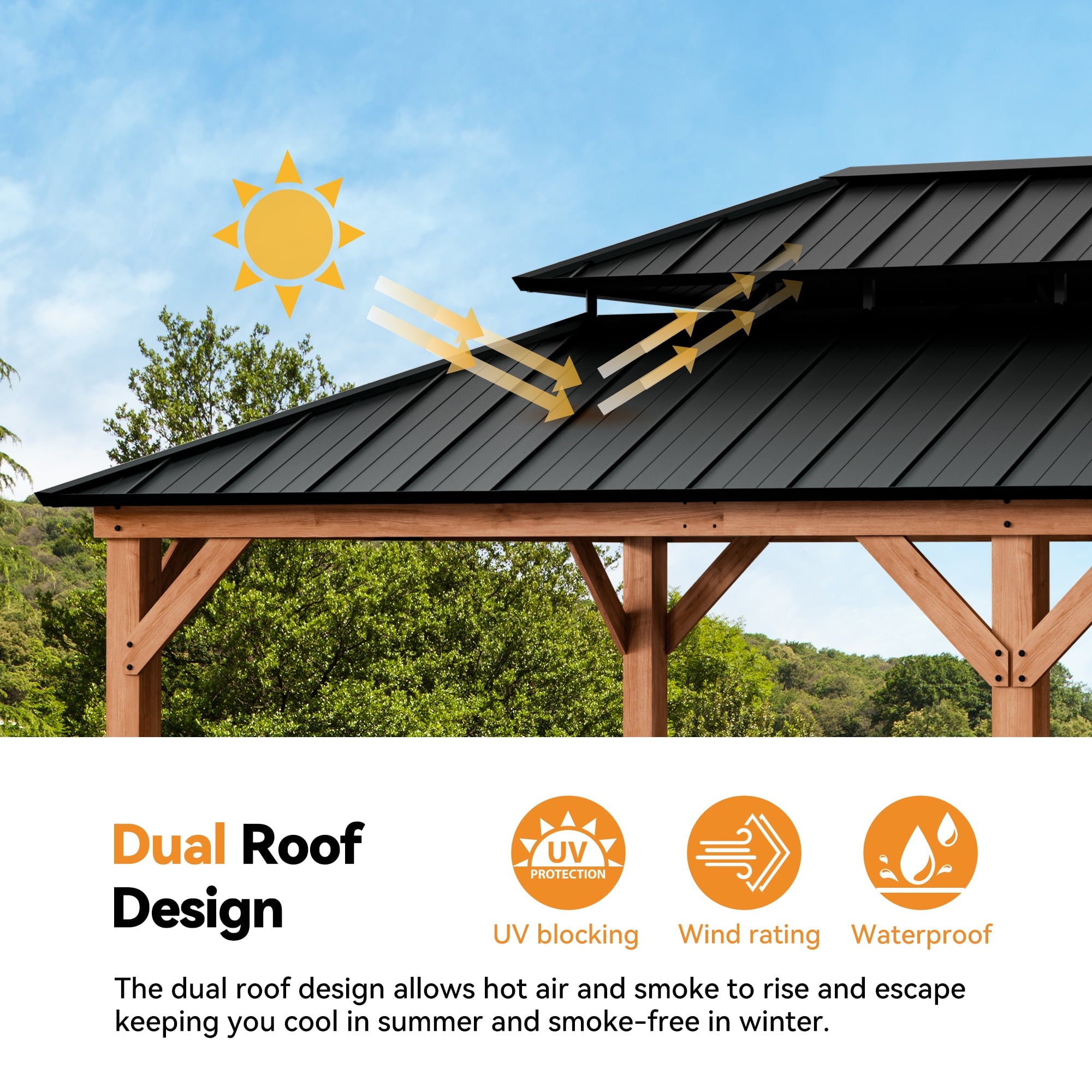Modern Shade 12'x20'Outdoor Cedar Wood Hardtop Gazebo with Double Steel Roof, Mosquito Net Rods for Backyard Use