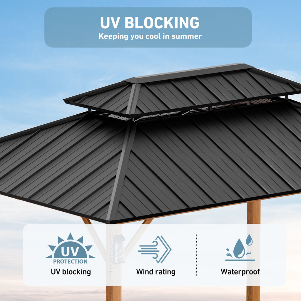 FONA 10'x14' Wood-Look Hardtop Gazebo with LED Lights,Double Roof,Netting & Hooks