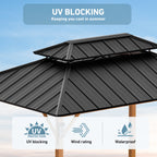 FONA 10'x14' Wood-Look Hardtop Gazebo with LED Lights,Double Roof,Netting & Hooks