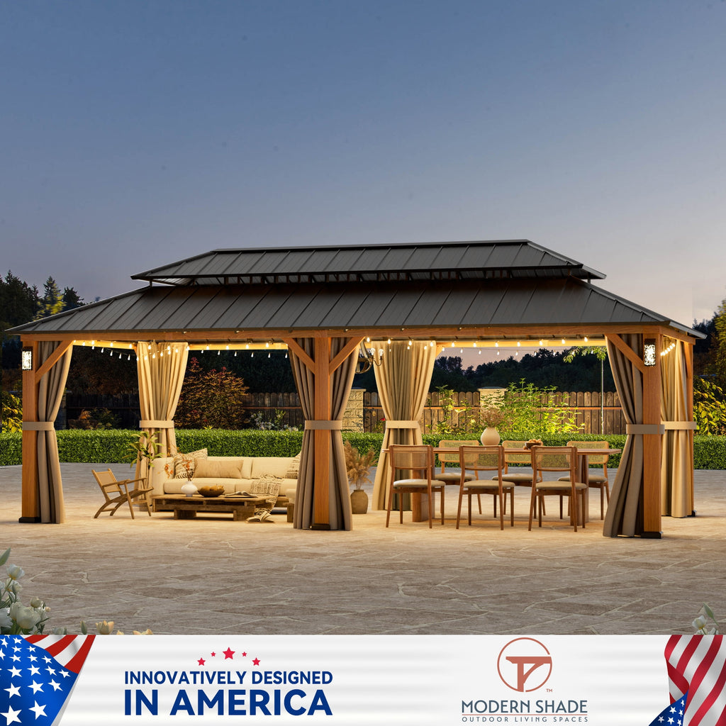 Modern Shade Horizon 12' x 24' Hardtop Gazebo with LED Lights, Double Roof & Curtains