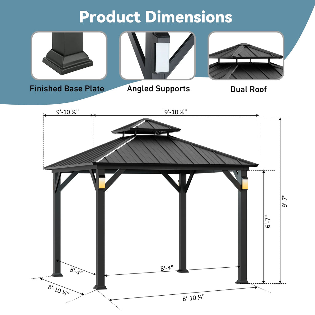 Modern Shade 10'x10' Hardtop Gazebo Galvanized Steel Roof Frame with 4 LED Weatherproof Lights for Backyard Garden